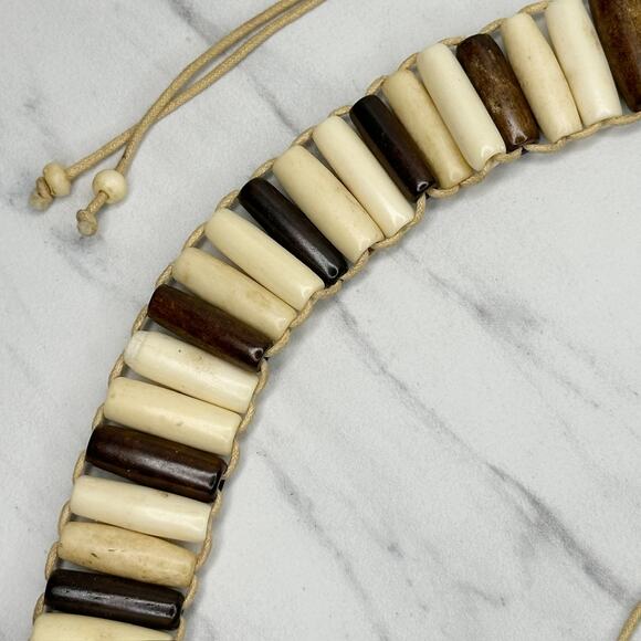 Wood Beaded Tie Belt Brown Cream Boho Statement Belt Medium (M) ✨ - Picture 11 of 14